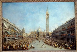 De doge van Venetië Alvise IV wordt gedragen door de gondeliers na zijn verkiezing op het San Marcoplein in 1763