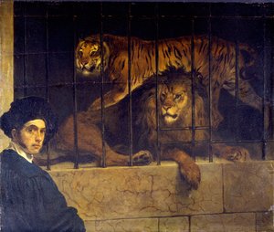 Zelfportret met tijger en leeuw door Francesco Hayez