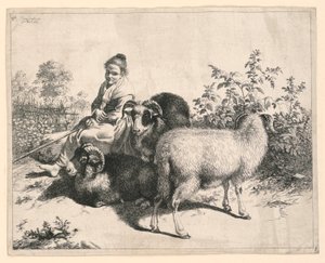 Een jonge herderin die over schapen waakt