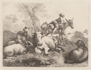 Jongen op een ezel die een groep dieren bewaakt, 1763 door Francesco Londonio