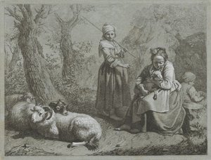 Drie herderinnen met schapen