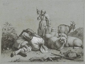 Herder en herderin met schapen en geit