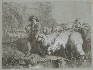 Herder met kudde schapen en geiten