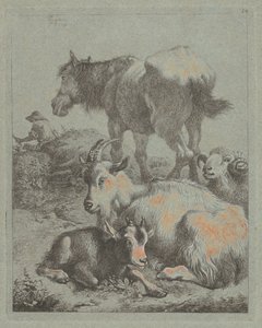 Paard, Ram, Geit met Jong; In de verte een Herder met Kudde