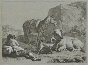 Liggende herder met paard, koe en hond door Francesco Londonio