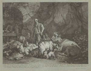 Oude, kale herder, zittende herdersjongen en kudde