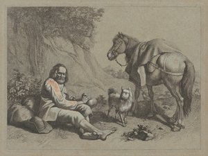 Zittende oude man op het punt om uit een kalebas te drinken, ca. 1763