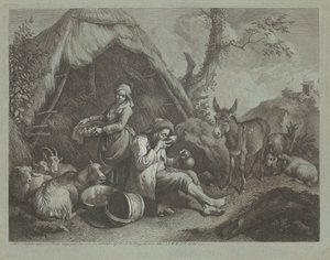 Zittende oude man en vrouw met een mand eieren, 1759-1782
