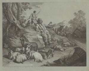 Zittende Herder voor een Kudde Geiten