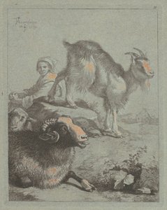 Zittende Herderin, een Ram, een Schaap en een Geit