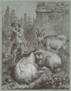 Herder die een fluit speelt met geiten