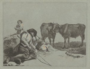 Slapende herder, twee kalveren en een boerin