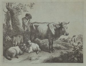 Staande Koe en een Herderjongen met Kudde, 1760s door Francesco Londonio