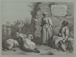 Twee meisjes in gesprek: een staand en spinnend door Francesco Londonio