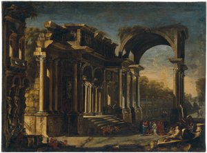 Capriccio met Romeinse ruïnes en Christus met de overspelige vrouw door Francesco Maglioli