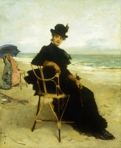 Een dame zittend op een veranda door Francesco Miralles Galaup