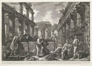 Titelprent met resten van de Tempel van Neptunus te Paestum met titel op blokken