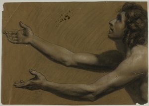 Jonge man kijkt omhoog met uitgestrekte armen (recto); vrouw houdt spiegel vast (verso)