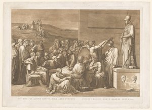 Allegorische verheerlijking van de boekdrukker Giovanni Battista Bodoni (Hoc tibi palladium genius, mira arte typorum / inclyte Bodoni, donat habere decus)