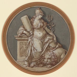 Allegorie van standvastigheid (pen en bruine inkt met grijs en bruin gewassen, gehoogd met witte gouache, over zwart krijt)