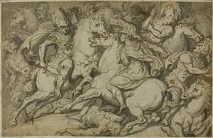 Cavalerie schermutseling (recto); knielende Ecorché (verso)