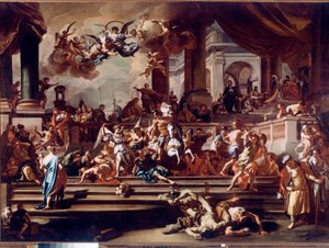 Heliodorus uit de tempel verdreven door de engelen. Schilderij door Francesco Solimena, genaamd l