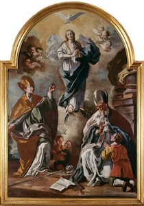 De duif van de Heilige Geest verschijnt boven de Maagd met heiligen door Francesco Solimena