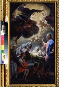 De dood van Jozef. Voorstelling van de Heilige Drie-eenheid: Jezus Christus, God en de duif van de Heilige Geest door Francesco Trevisani