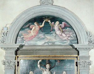 SS. Benedictus, Dominicus en Sebastiaan (detail) door Francesco Ubertini Il Bacchiacca