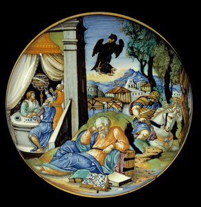 Lage been snede: Allegorie van het lot. Faience. Gemaakt door Francesco Avelli Xanto (actief rond 1530/1540)