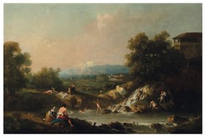 Een rivierlandschap met baders door Francesco Zuccarelli