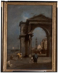 Capriccio met een triomfboog en stedelijke achtergrond door Francesco and/or Gian Antonio (1699 1761) Guardi