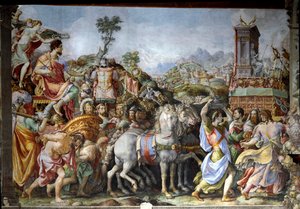 De triomf van Marcus Furius Camillus, generaal en Romeins staatsman (fresco)