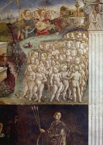 Allegorie van de maand mei, detail van de triomf van Apollo, naakte kinderen en negen muzen detail fresco door Francesco del Cossa, Ferrara, Palazzo Schifanoia, Salone dei Mesi door Francesco del Cossa