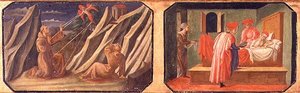 St. Franciscus van Assisi ontvangt de stigmata, SS. Cosmas en Damian genezen een zieke man; kopieën van originele panelen die deel uitmaken van de predella van de Madonna en Kind op de Troon door Filippo Lippi