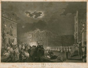 Het oproer in Broad Street, Londen, op 7 juni 1780 (gravure)