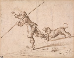 Man die Jaagt met een Puntige Staf en een Hond door Francis Barlow