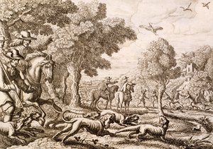 Otterjacht bij een rivier, gegraveerd door Wenceslaus Hollar, 1671