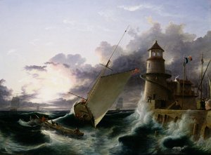 Boot bij een Vuurtoren, een Storm die Wegtrekt