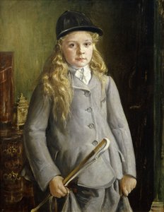 Portret van een Meisje, staand half lengte, in Rijjurk door Francis Dodd