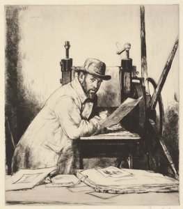 Portret van Muirhead Bone leunend op een etspers