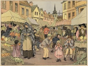 Bedfords winkelboek: Fruitkramen (kleurenlitho)