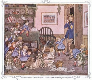 "Knippen, naaien, knippen en bedenken, Papa", uit The Magic Fishbone pub.by Warne  Co, c.1940 (kleurenlitho)