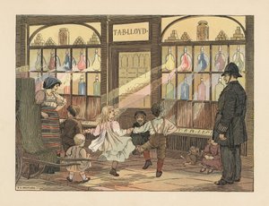 Victoriaanse kinderen dansen voor een apotheek terwijl een politieagent toekijkt. Chromolithografie naar een illustratie van Francis Donkin Bedford uit The Book of Shops van Edward Verrall Lucas. door Francis Donkin Bedford
