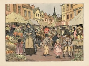 Victoriaanse kinderen eten penny sinaasappels van fruit- en groentekraampjes op een markt in East End in Londen. Chromolithografie naar een illustratie van Francis Donkin Bedford uit The Book of Shops van Edward Verrall Lucas.