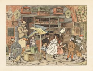 Victoriaanse kinderen spelen met papegaaien en kaketoes in de winkel van de vogelliefhebber of dierenwinkel. Chromolithografie naar een illustratie van Francis Donkin Bedford uit The Book of Shops van Edward Verrall Lucas.