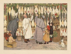 Victoriaanse familie kiest een kalkoen voor Kerstmis bij de poelier. Slager in kiel met haak verwijdert een vogel. Chromolithografie naar een illustratie van Francis Donkin Bedford uit The Book of Shops van Edward Verrall Lucas.