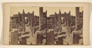 [Ruïnes met gebeeldhouwde figuren op muren op voorgrond].