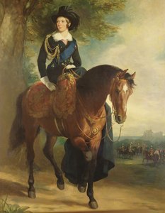 Portret van koningin Victoria te paard, met Windsor Castle, de hertog van Wellington en de Household Brigade op de achtergrond
