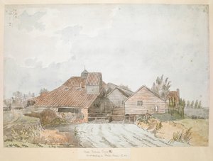 Een gekleurd uitzicht op een oliemolen, nabij Twickenham Common door Francis Grose